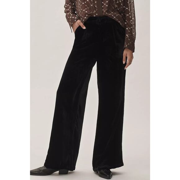 NWT Anthropologie Wide-Leg Velvet Pants $148 MEDIUM Black PLEATED Back Elastic - Picture 3 of 6